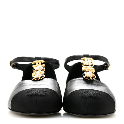 Chanel Lambskin Grosgrain Cap Toe Pearl CC Mary Jane Flats 36 Black 3 of 10