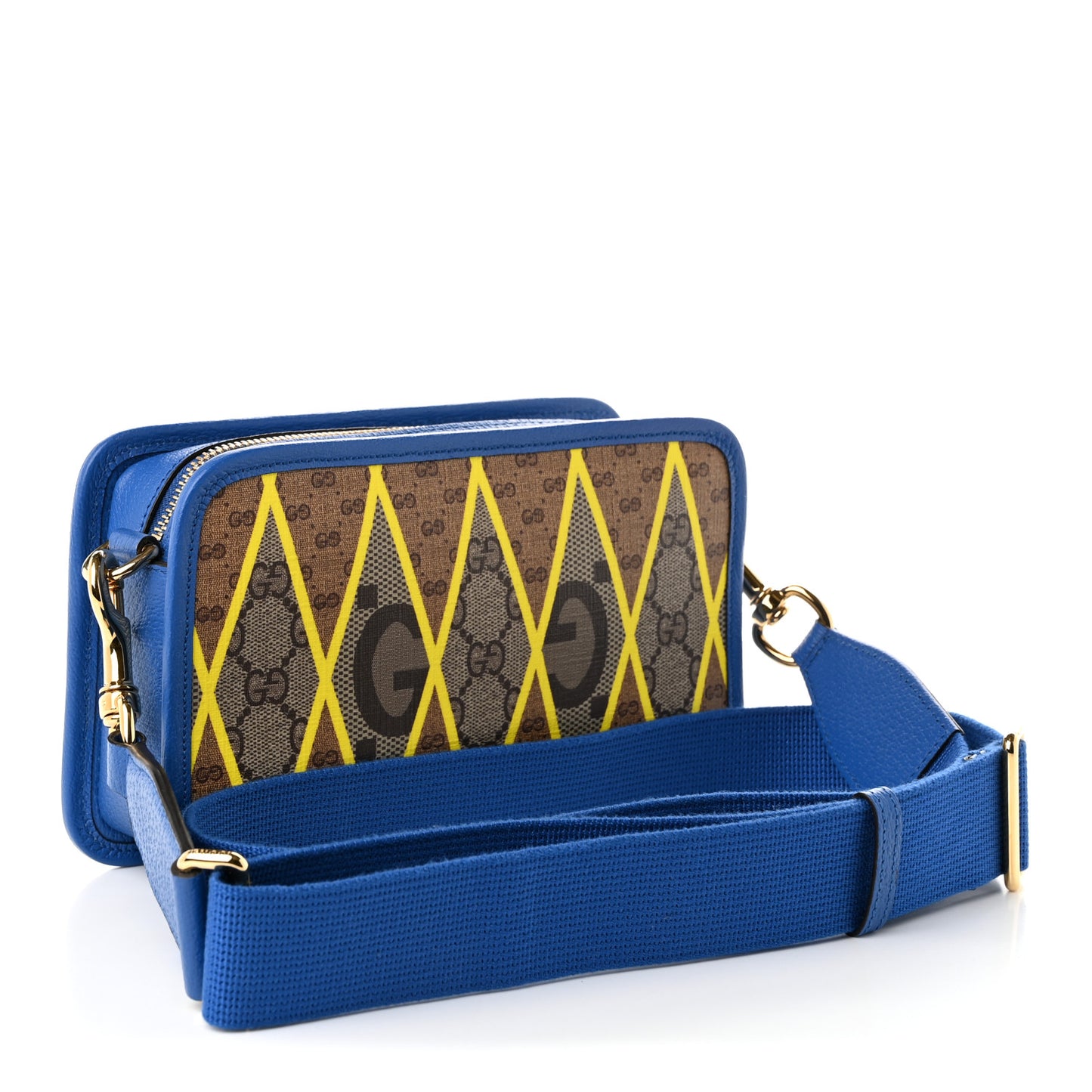 GG Supreme Monogram Mix Textured Dollar Calfskin Rhombus Inlay Crossbody Bag Beige Ebony Harvest Joy Blue