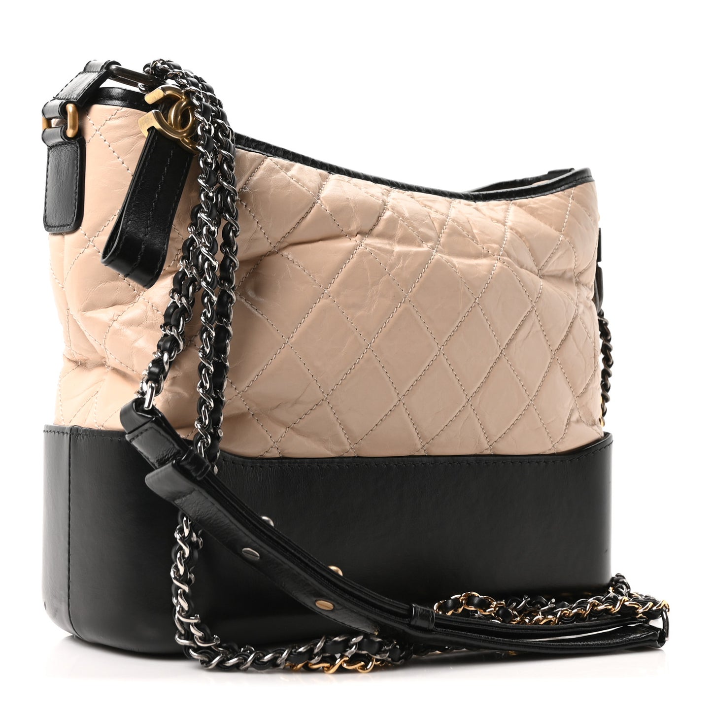 Aged Calfskin Quilted Medium Gabrielle Hobo Beige Black