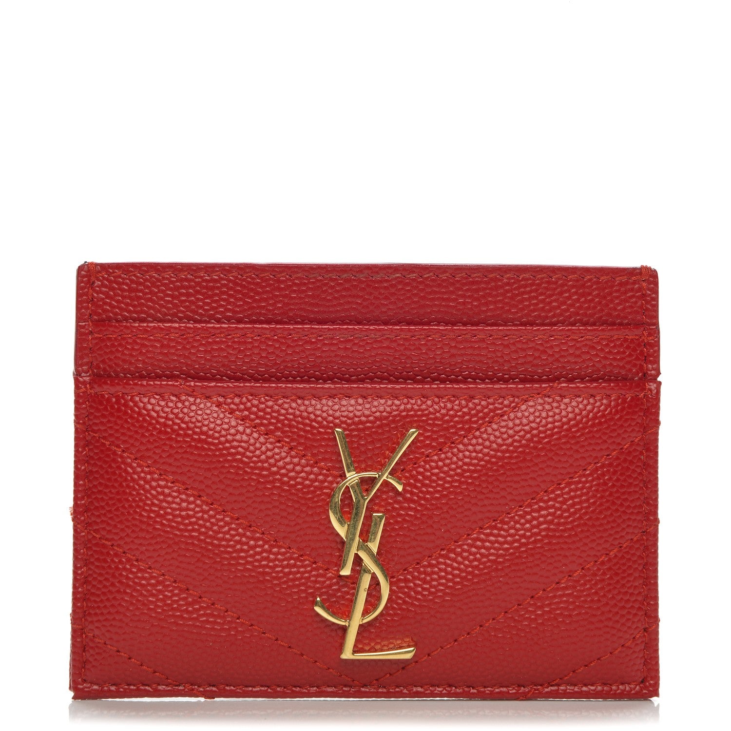 Saint Laurent Grain De Poudre Matelasse Chevron Monogram Credit Card Case New Red 1 of 6