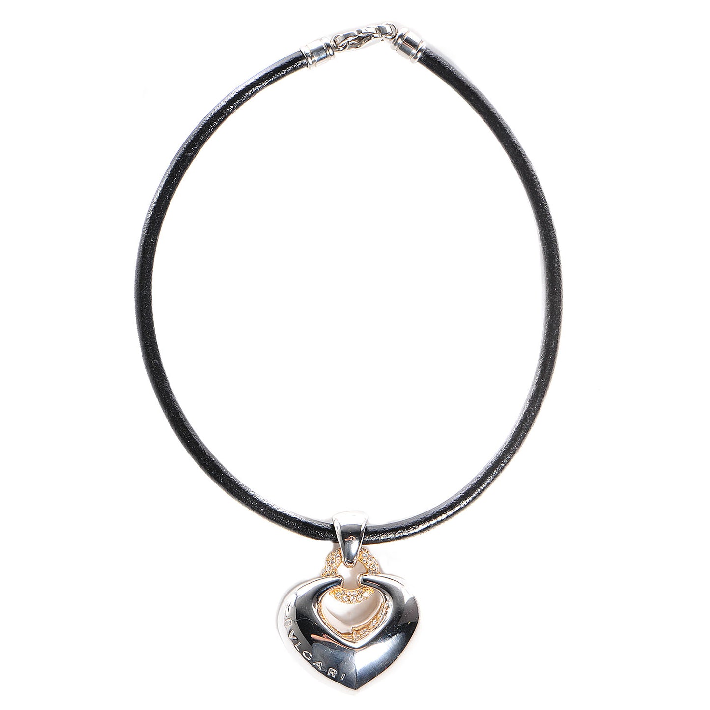 BVLGARI 18K Gold Diamond Heart Pendant Cord Necklace