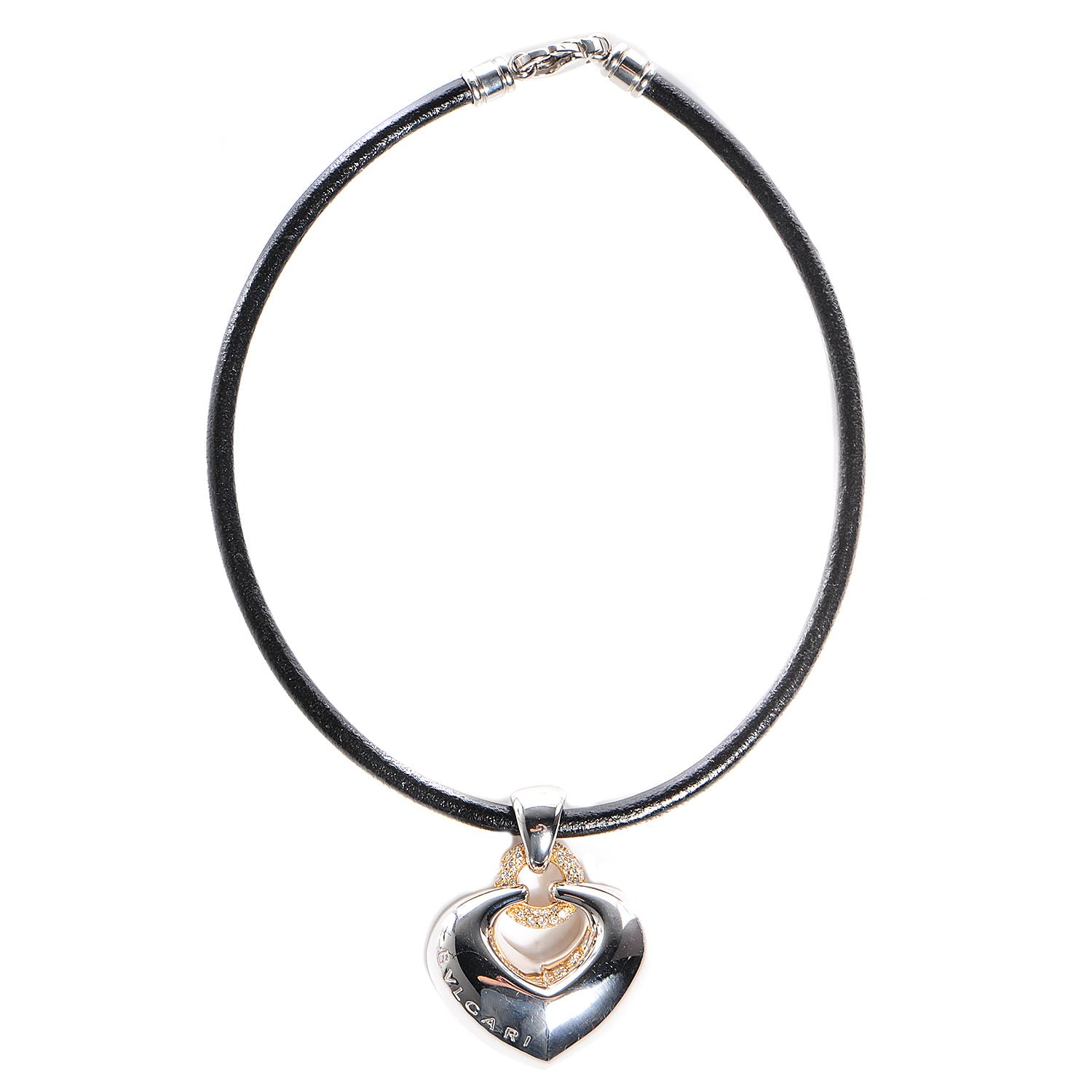 Bulgari BVLGARI 18K Gold Diamond Heart Pendant Cord Necklace 1 of 5