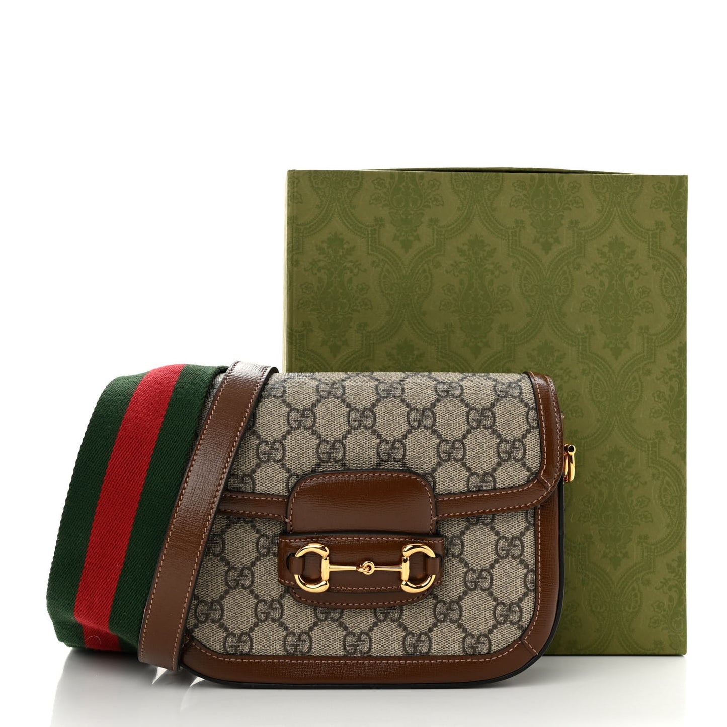 GG Supreme Monogram Azalea Calfskin Web Mini Horsebit 1955 Shoulder Bag Beige Ebony Brown Sugar