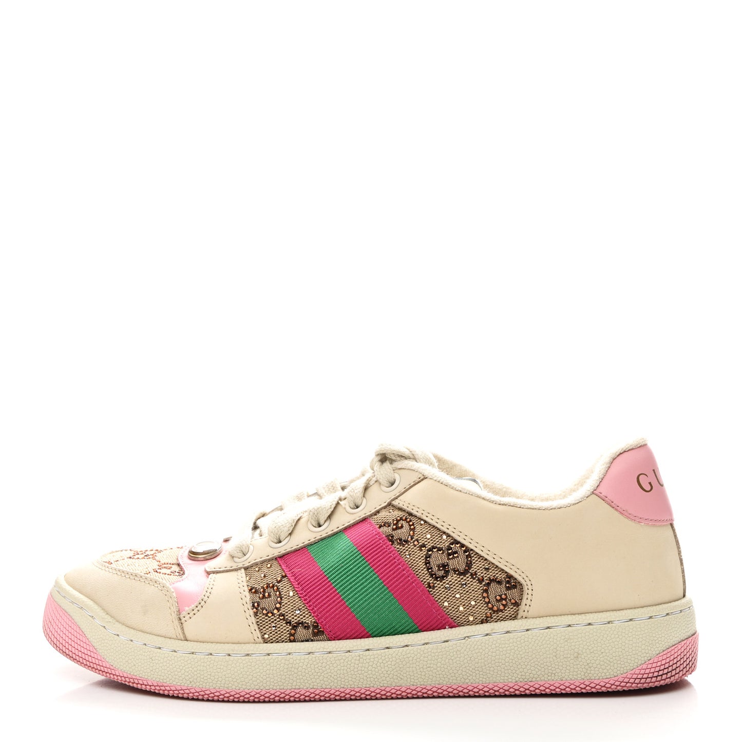 Calfskin GG Supreme Crystals Web Screener Sneakers 38 Camel Ebony Wild Rose