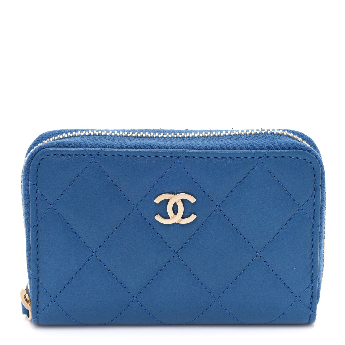 Lambskin Quilted Zip Around Coin Purse Wallet Blue