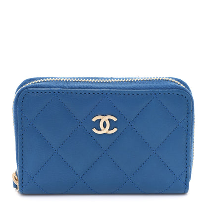 Chanel Lambskin Quilted Zip Around Coin Purse Wallet Blue 1 of 9