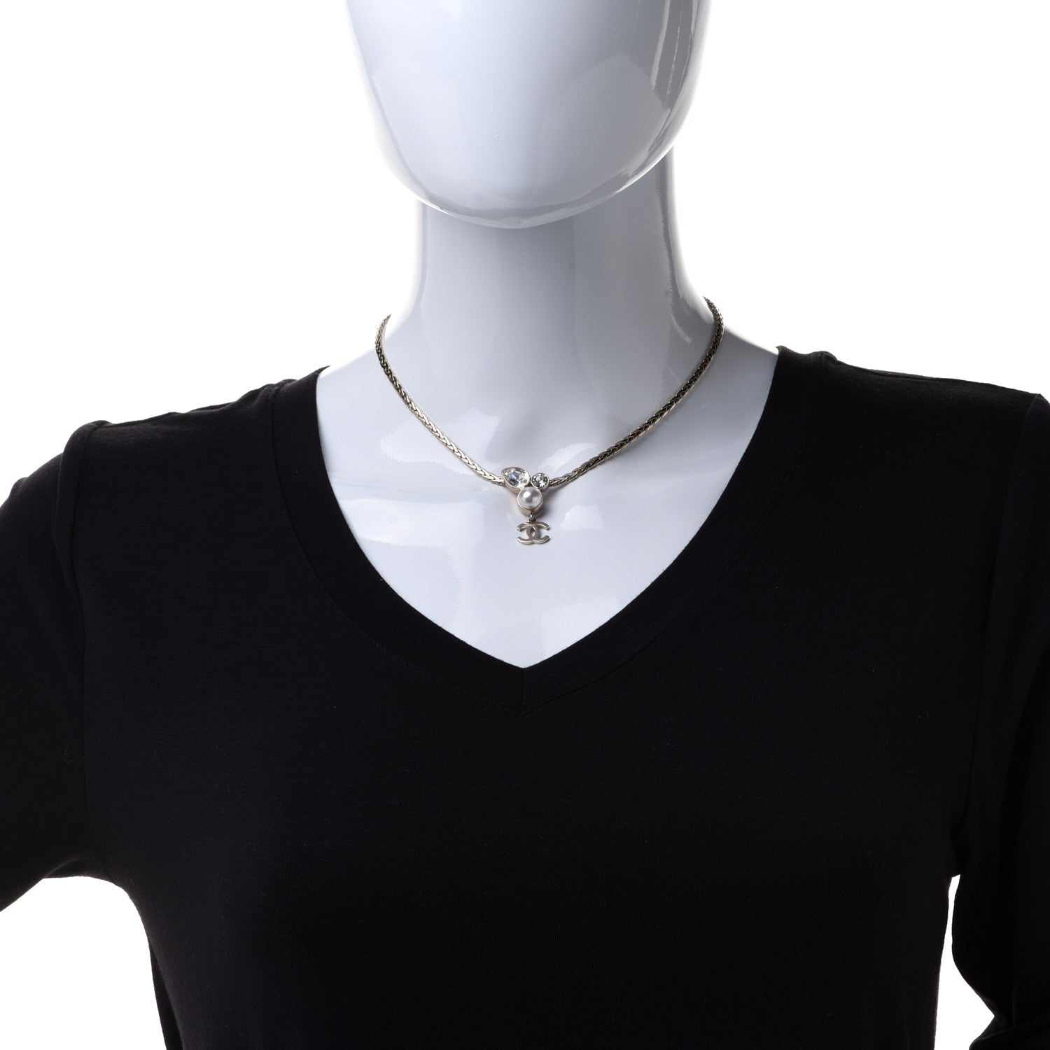 Chanel Pearl Crystal CC Teardrop Braided Necklace Gold 2 of 6