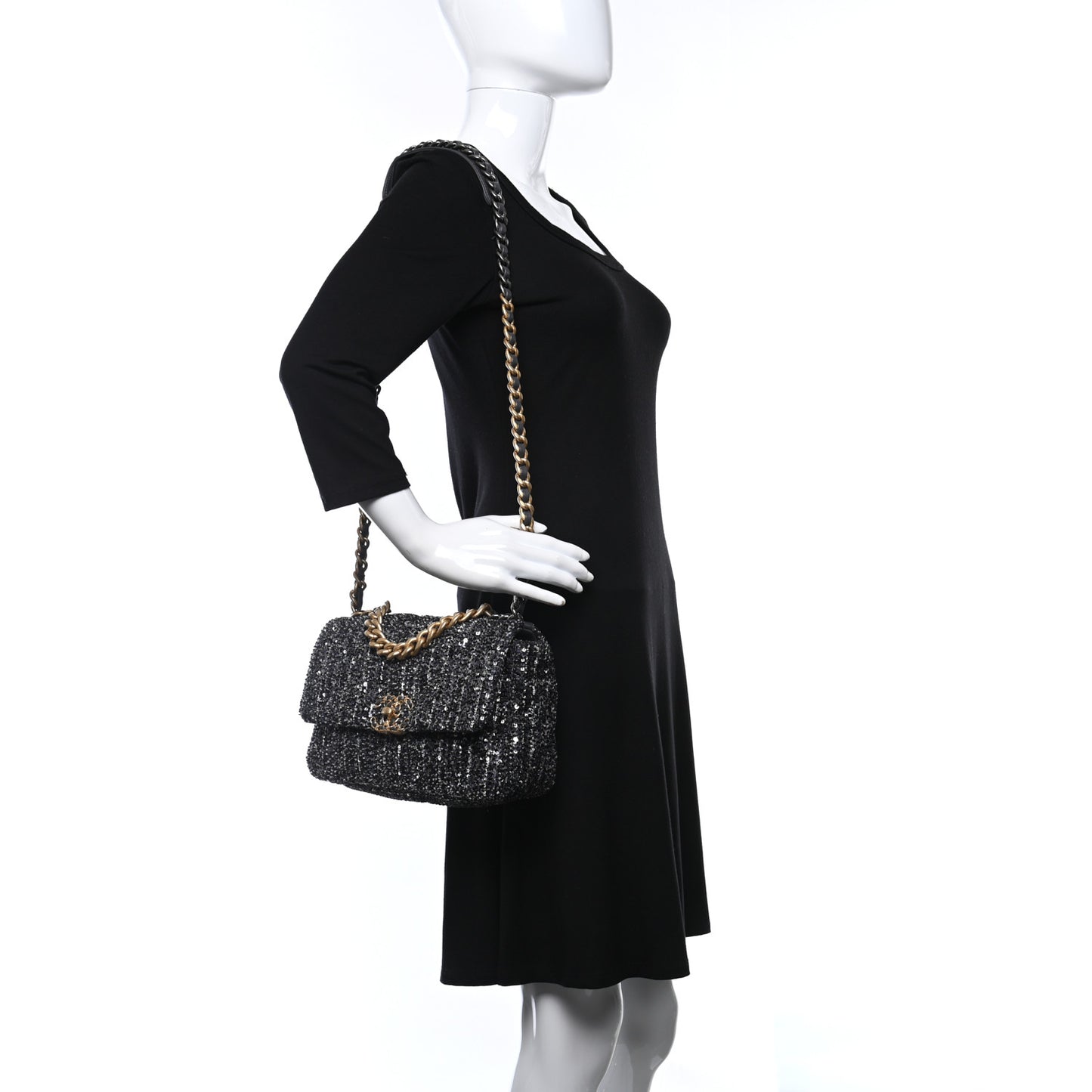 Sequin Quilted Medium Chanel 19 Flap Black Silver