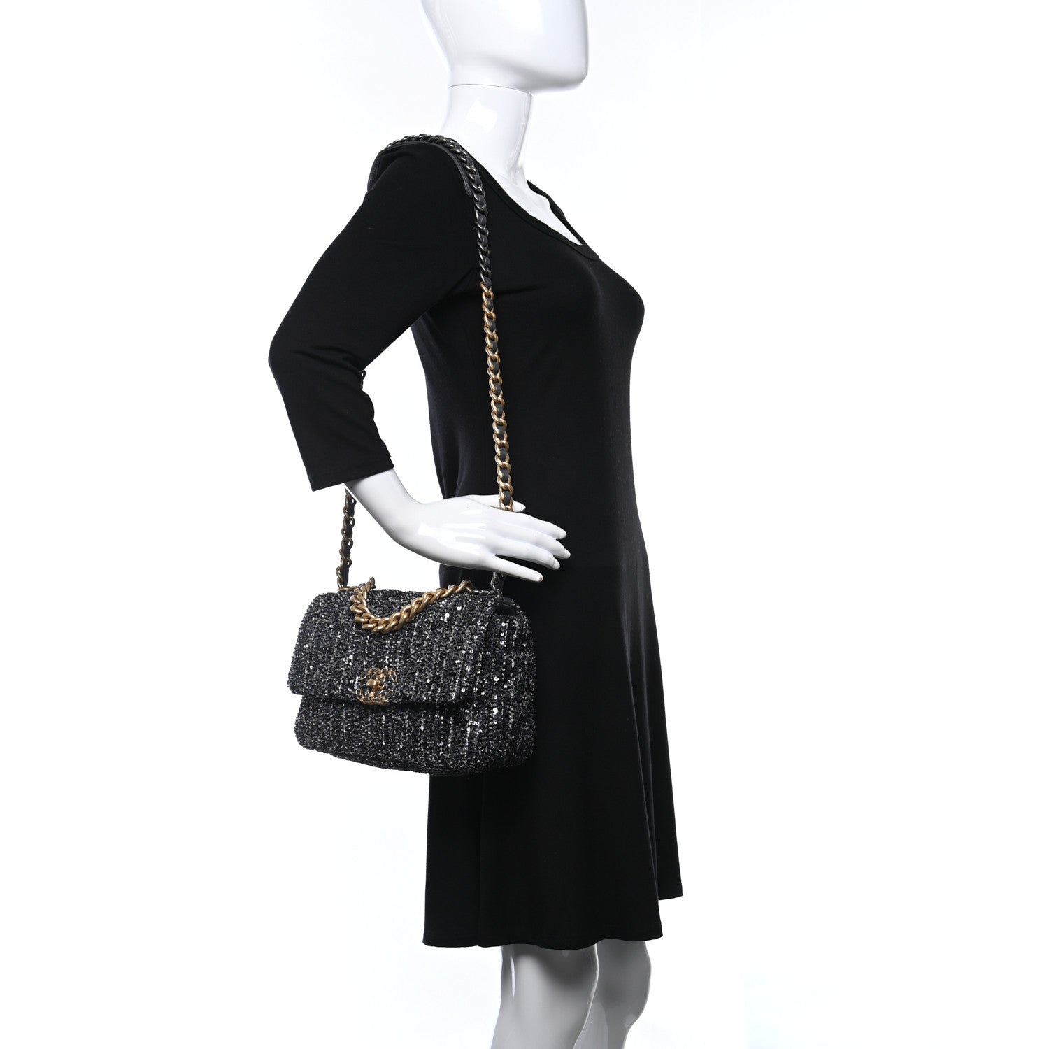Chanel Sequin Quilted Medium Chanel 19 Flap Black Silver 2 of 9