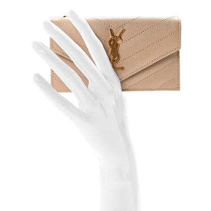 Saint Laurent Grain De Poudre Matelasse Chevron Monogram Compact Wallet Dark Beige 2 of 7