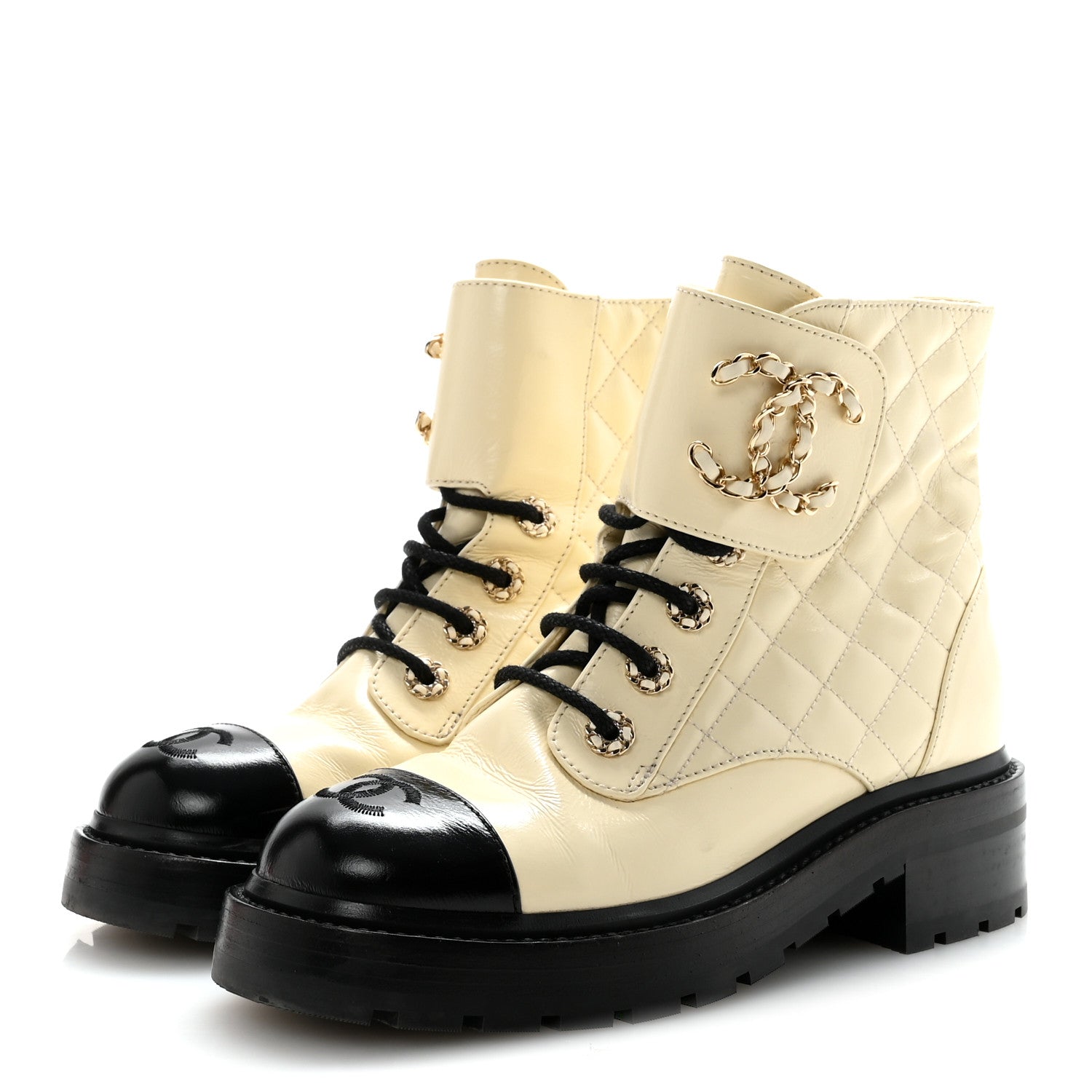 Chanel Shiny Goatskin Calfskin Quilted Lace Up Combat Boots 36 Ivory Black 7 of 18