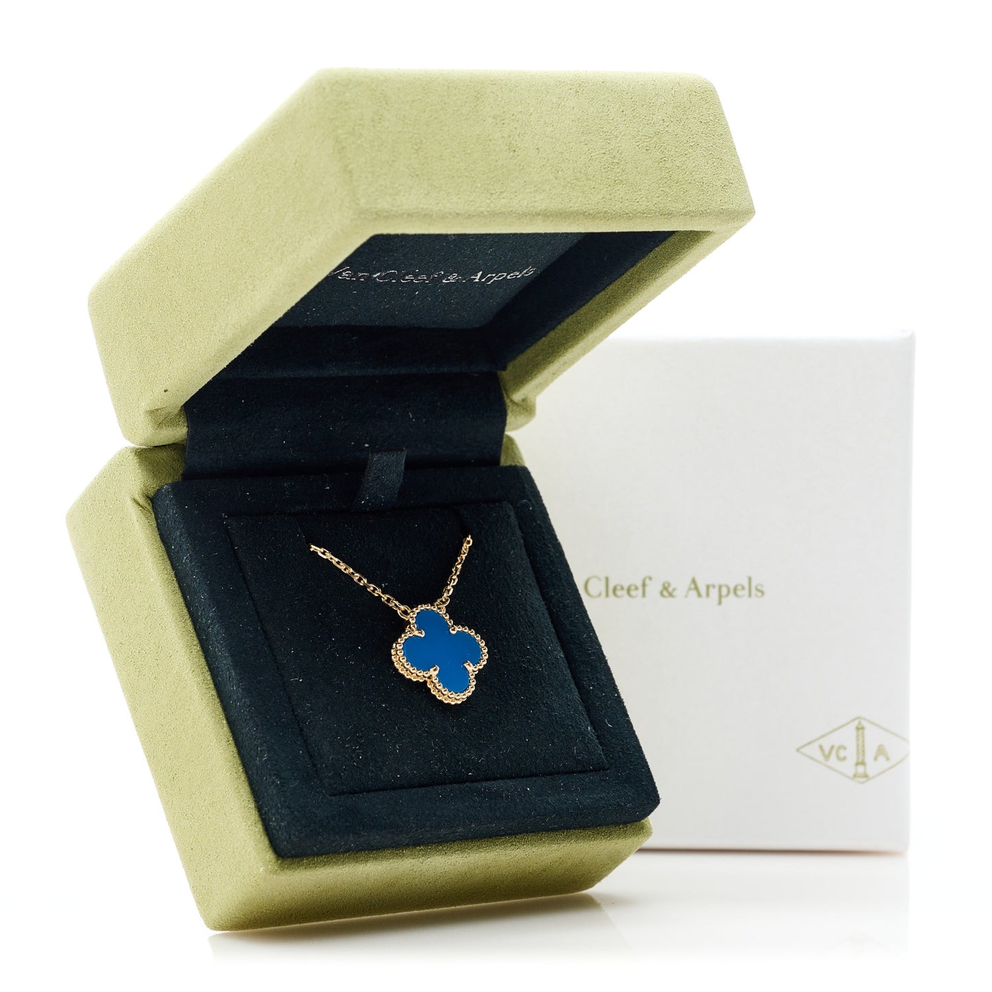 18K Yellow Gold Blue Agate Vintage Alhambra Pendant Necklace