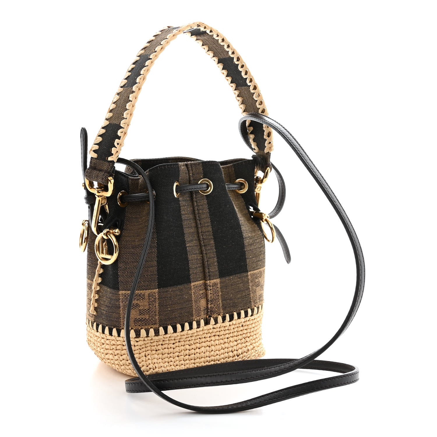 Fendi Fabric Jacquard Raffia Straw Pequin Gingham Woven Mini Mon Tresor Bucket Bag Beige Black Natural 3 of 11