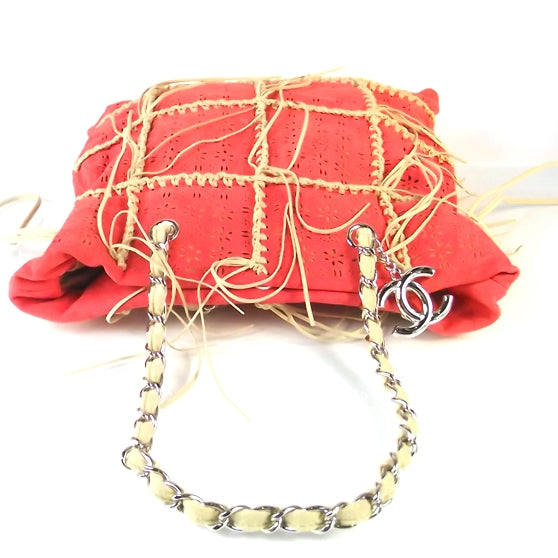 Calfskin Perforated Drawstring Fringe Tote Coral