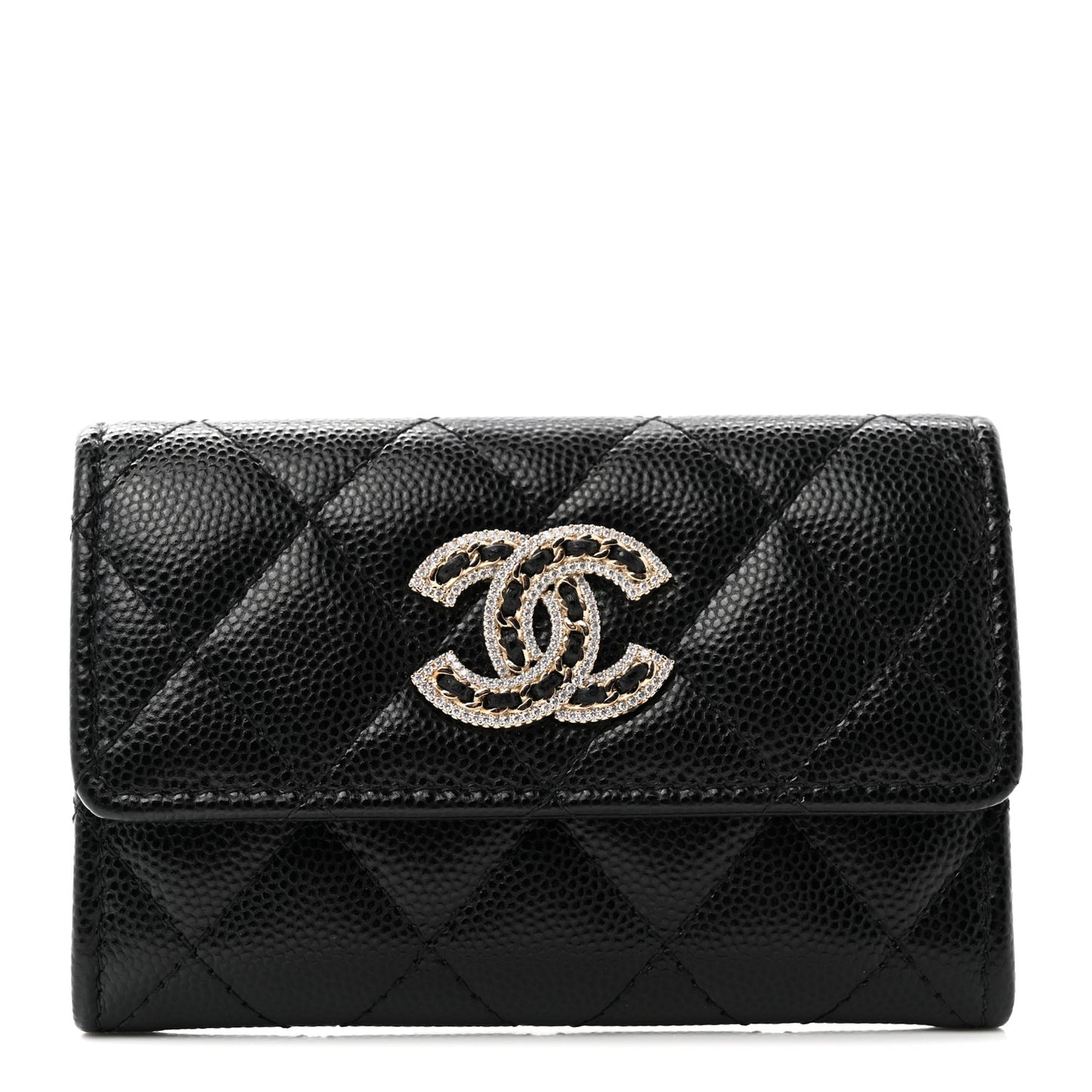 Caviar Quilted Crystal CC Flap Card Holder Black