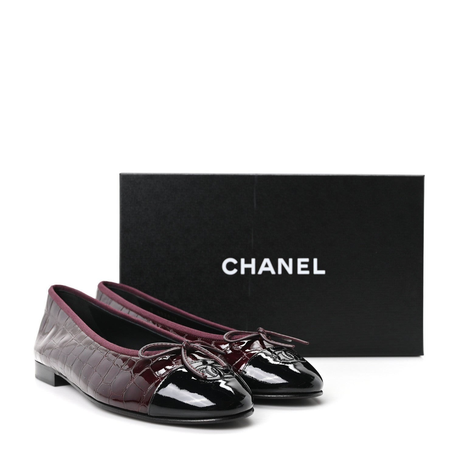Chanel Patent Calfskin Crocodile Embossed Ballerina Flats 39 Dark Burgundy Black 10 of 10