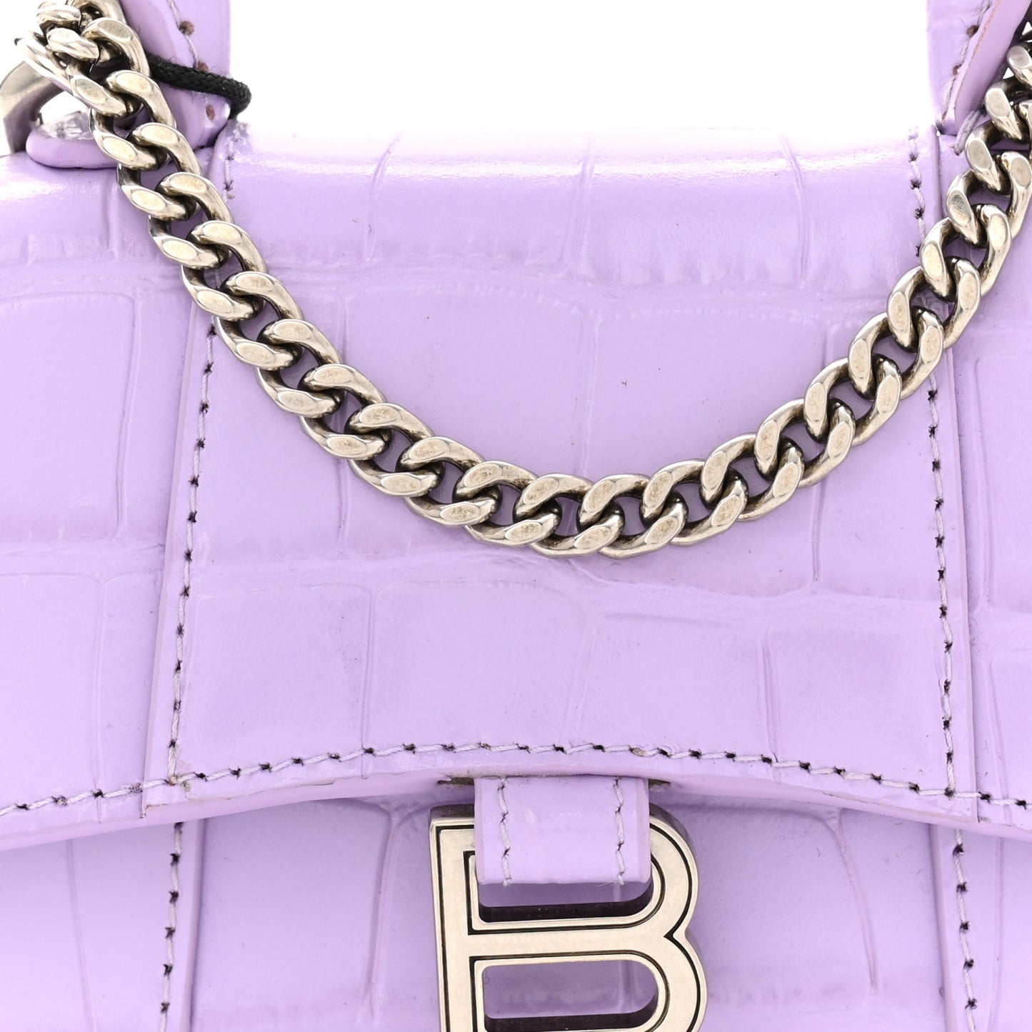 Shiny Calfskin Crocodile Embossed Hourglass Top Handle Bag Mini with Chain  Lilac