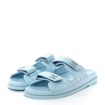 Chanel Laminated Lambskin Quilted Velcro Dad Chain CC Slide Sandals 39.5 Light Blue 3 of 10