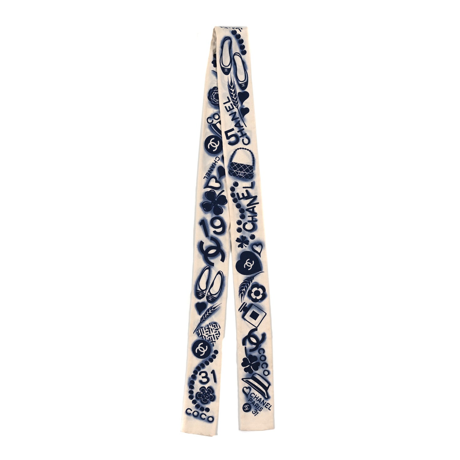 Chanel Silk CC Slim Bandeau Scarf White Blue 2 of 3
