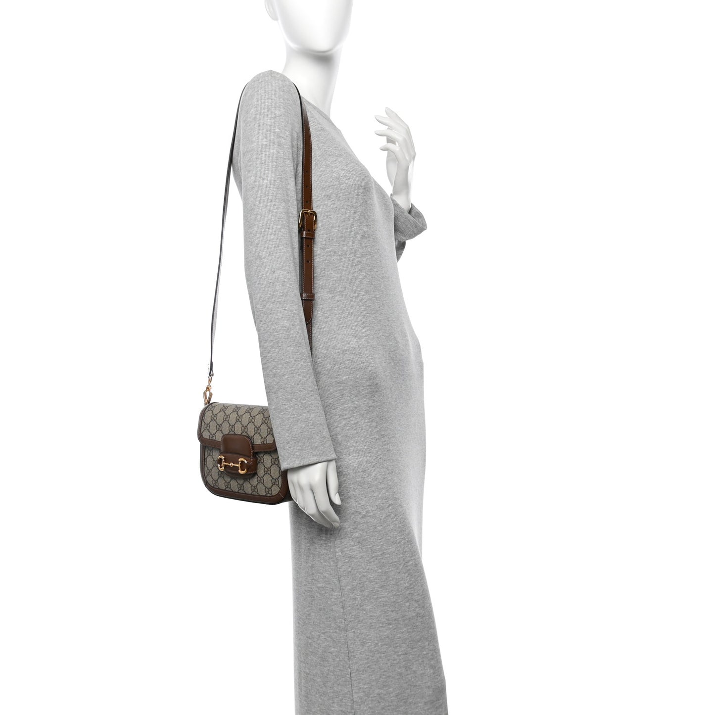 GG Supreme Monogram Web Mini Horsebit 1955 Shoulder Bag Beige Ebony Brown Sugar