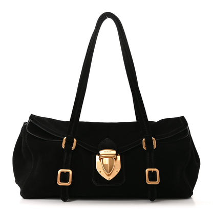 Prada Suede Easy Foldover Pushlock Satchel Black 1 of 9