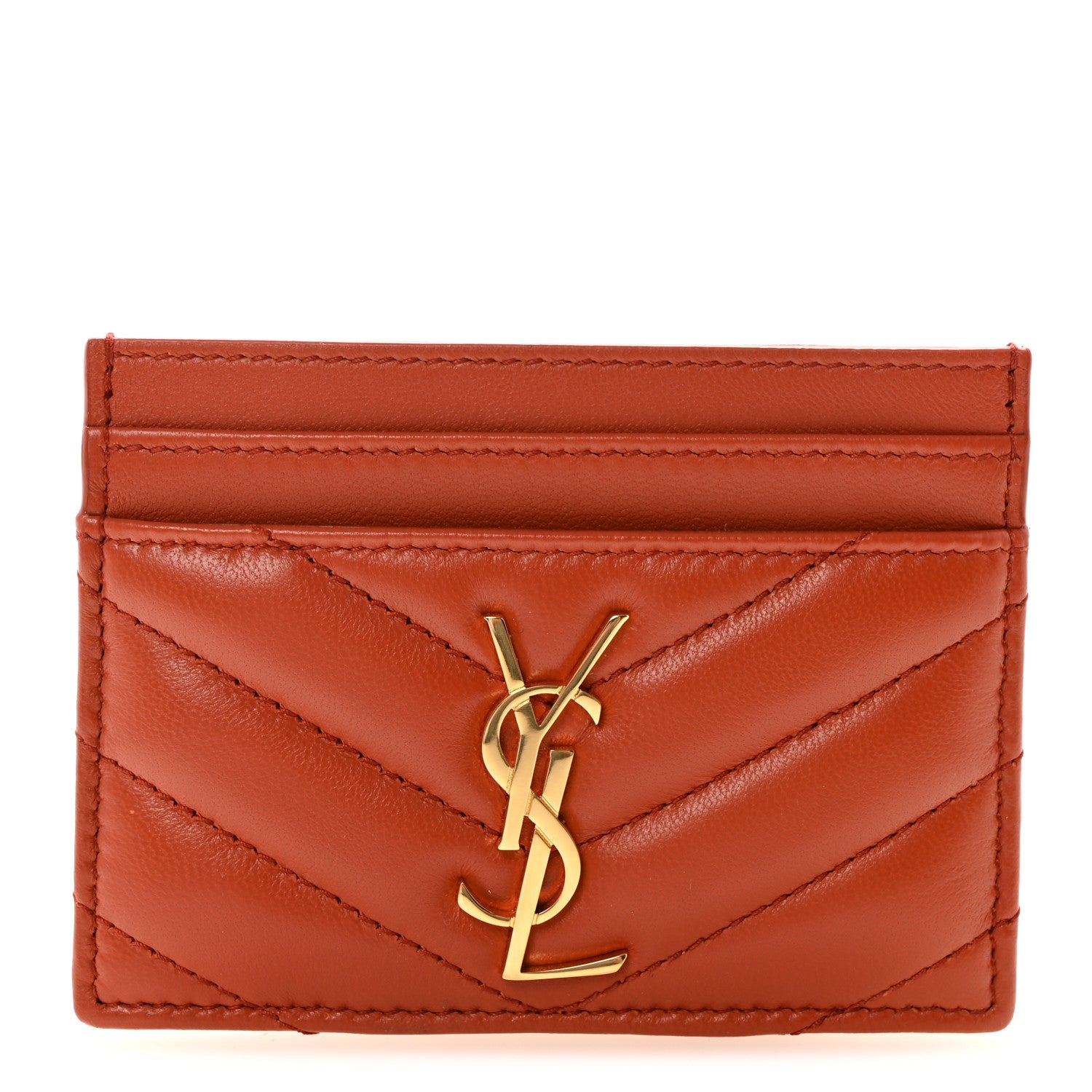 Saint Laurent Lambskin Matelasse Chevron Monogram Credit Card Case Dark Mandarin 1 of 7