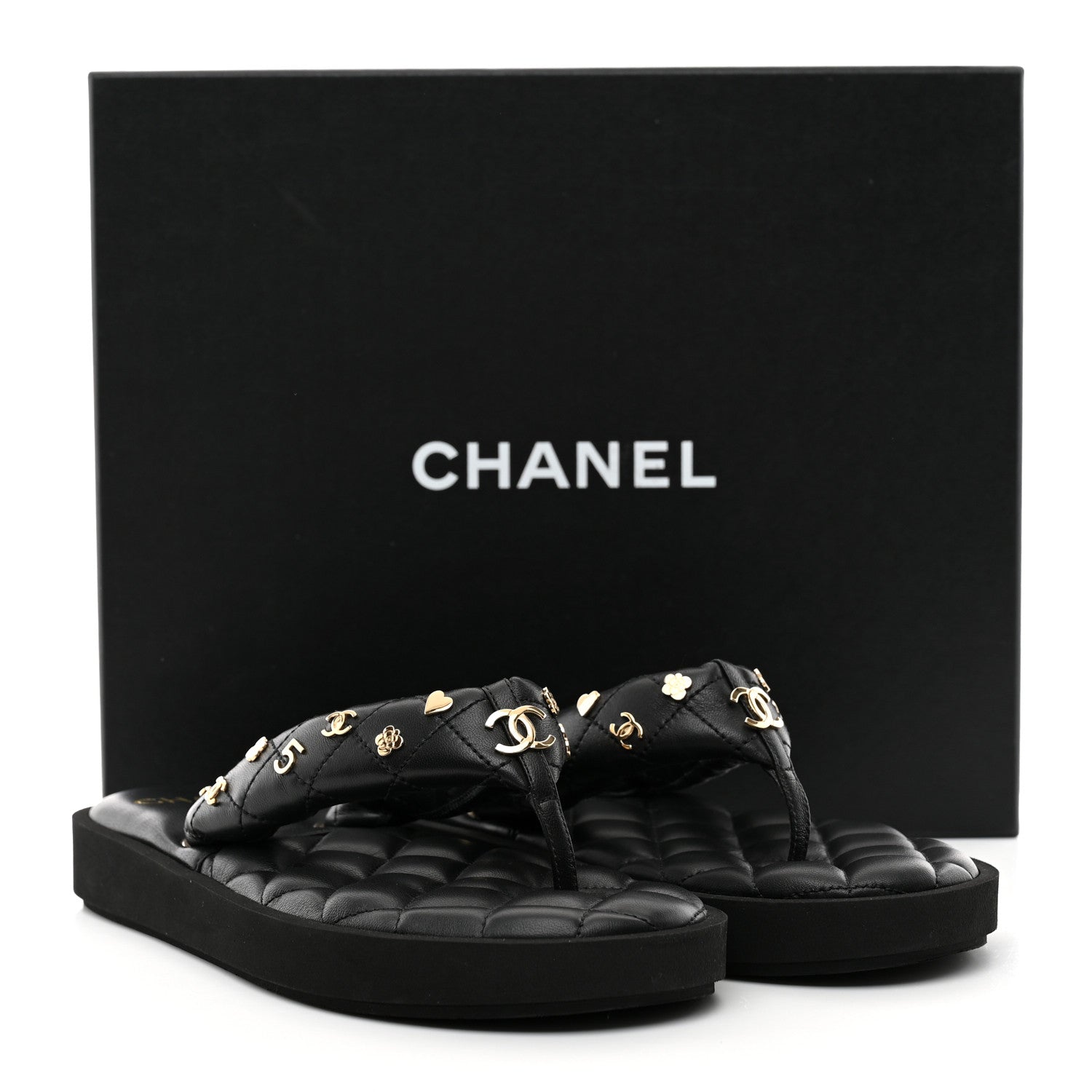 Chanel Lambskin Quilted Padded Charms Thong Sandals 38.5 Black 11 of 11