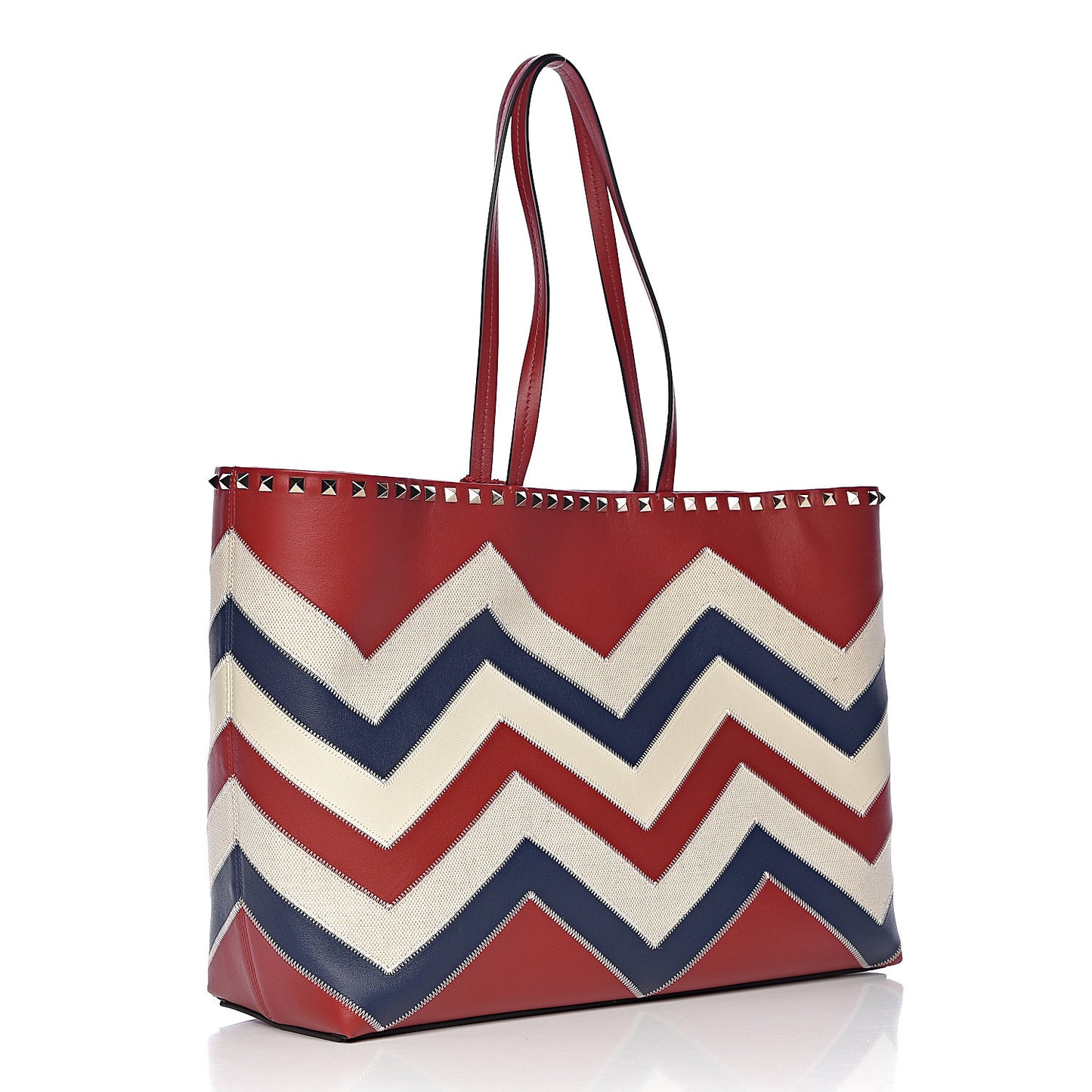 Calfskin Canvas Chevron Inlay Rockstud Shoulder Tote Red White Blue