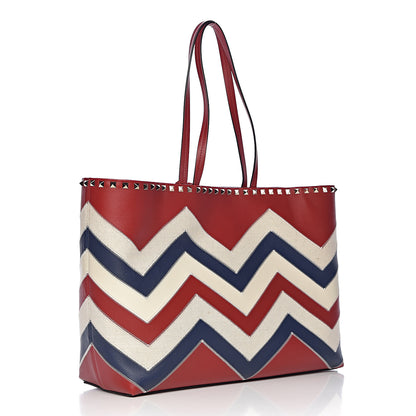 Valentino Garavani Calfskin Canvas Chevron Inlay Rockstud Shoulder Tote Red White Blue 3 of 10