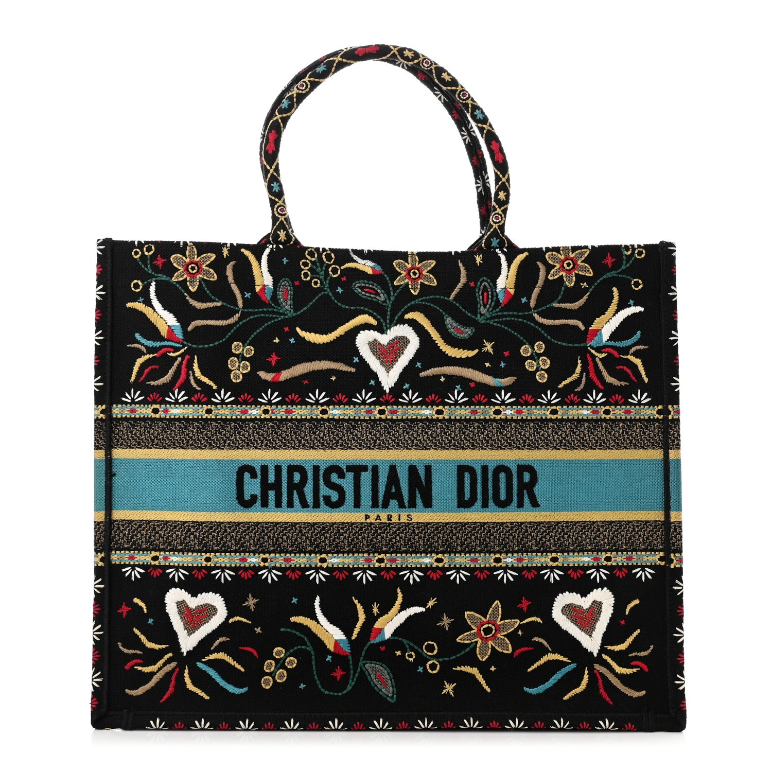 DIOR トートバッグ Christian Dior Canvas Embroidered Large Flowers Heart Book Tote