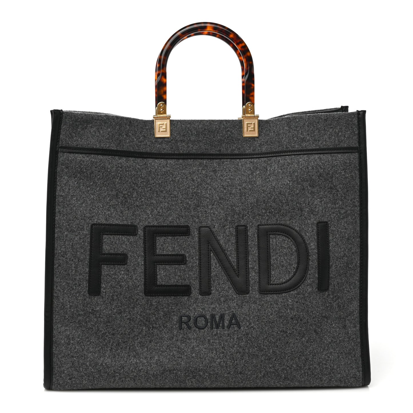 Melange Flannel Plexiglass Satin Logo Embroidered Threaded Edge Large Fendi Sunshine Shopper Tote Grigio Black