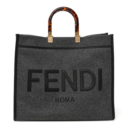 Fendi Melange Flannel Plexiglass Satin Logo Embroidered Threaded Edge Large Fendi Sunshine Shopper Tote Grigio Black 1 of 9
