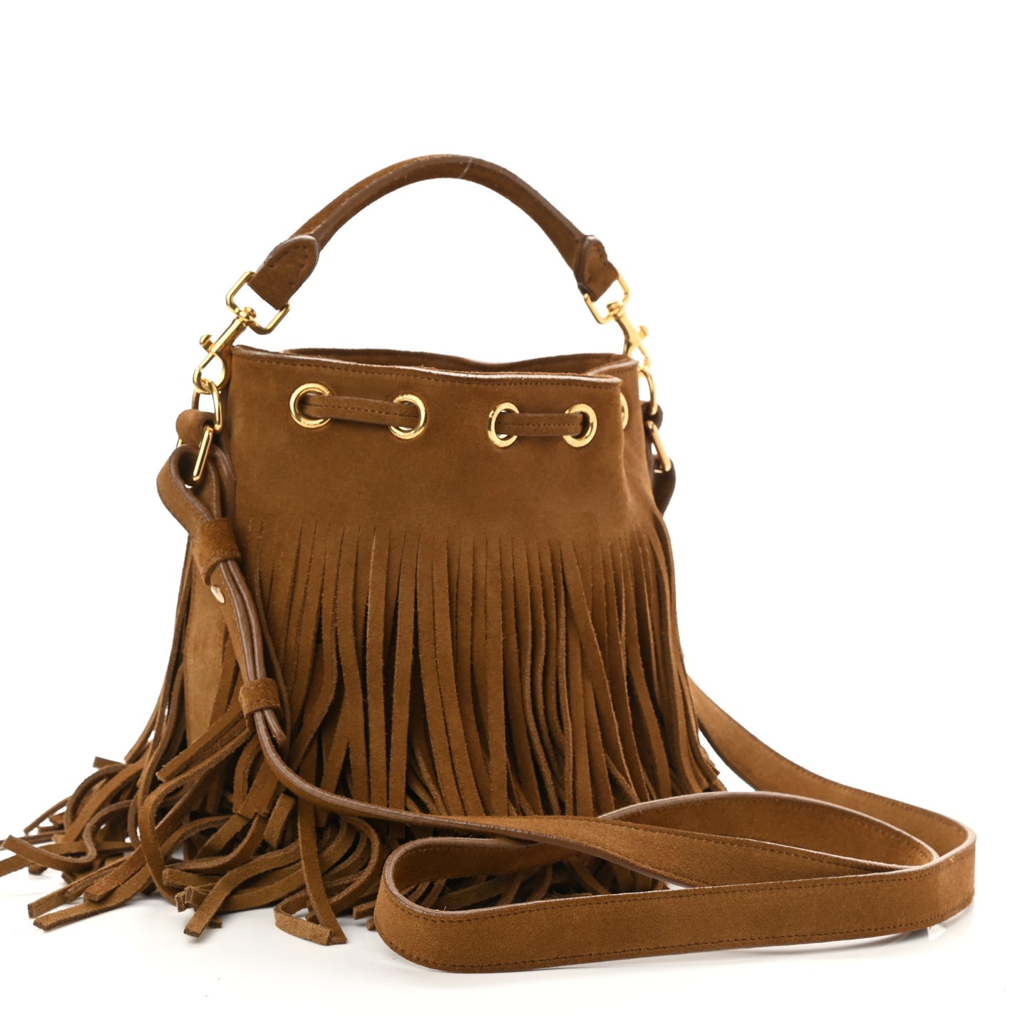 Suede Calfskin Small Emmanuelle Fringe Bucket Bag Light Ocre