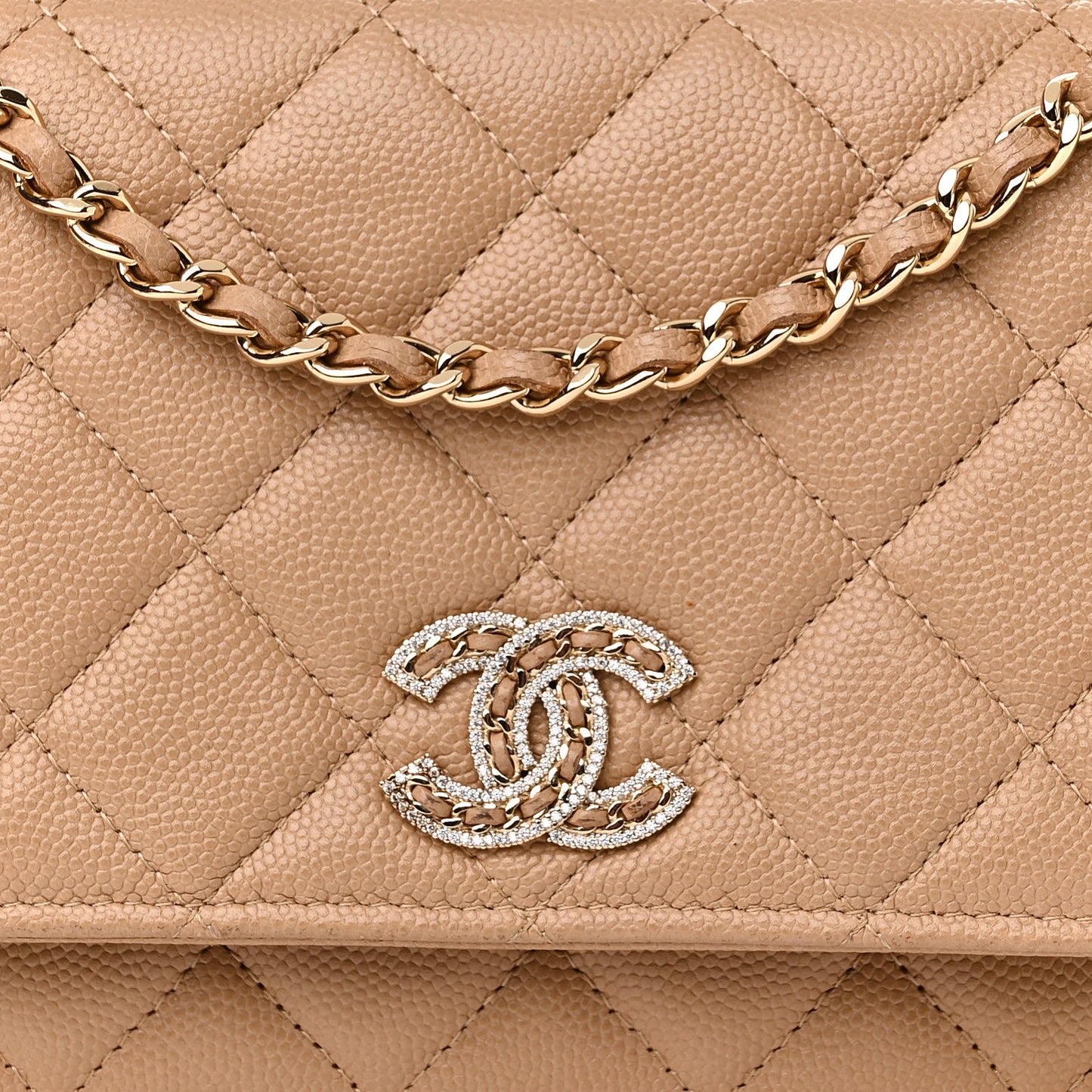 Caviar Quilted Crystal CC Wallet On Chain WOC Beige