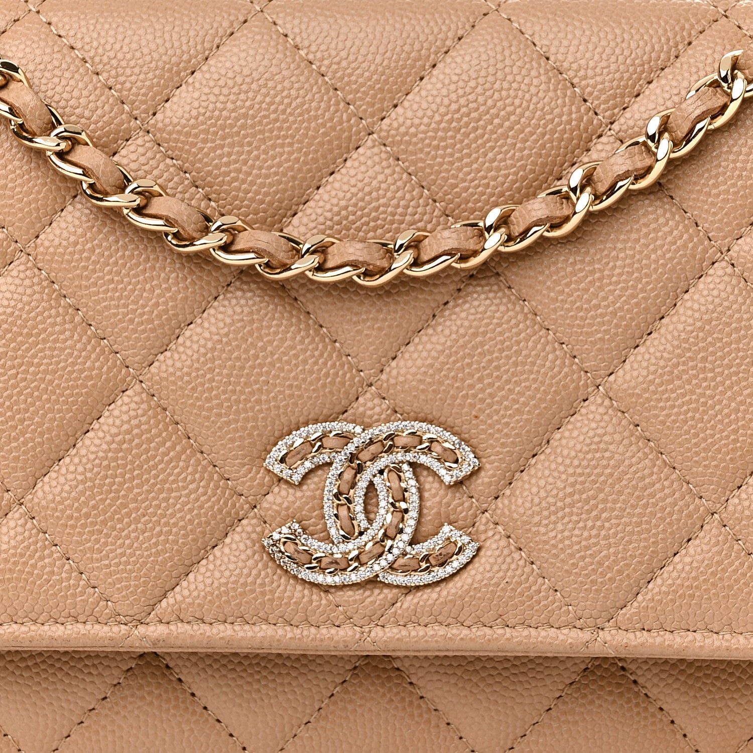 Chanel Caviar Quilted Crystal CC Wallet On Chain WOC Beige 8 of 12