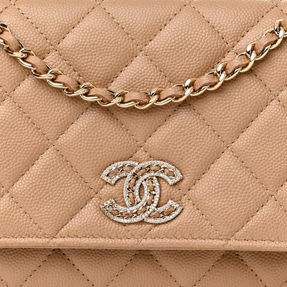 Chanel Caviar Quilted Crystal CC Wallet On Chain WOC Beige 8 of 12