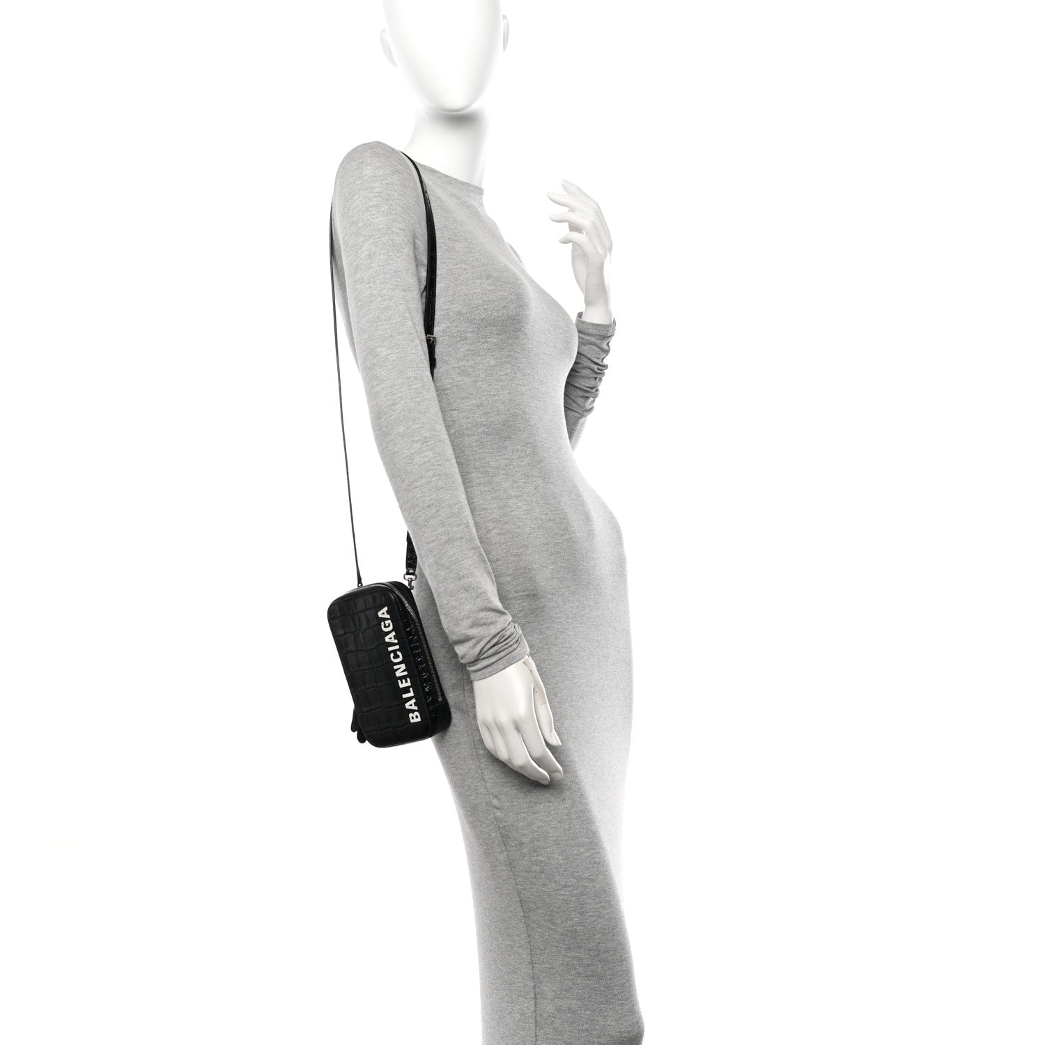 Balenciaga Shiny Calfskin Logo Crocodile Embossed Cash Phone Holder Bag Black White 2 of 14