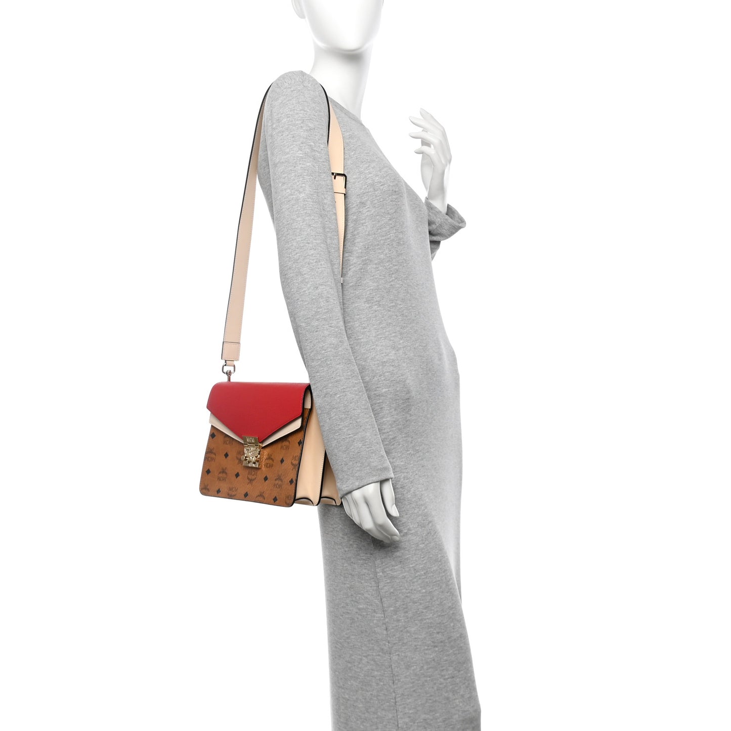 Visetos Calfskin Colorblock Mezzanin Shoulder Bag Cognac Ruby Red