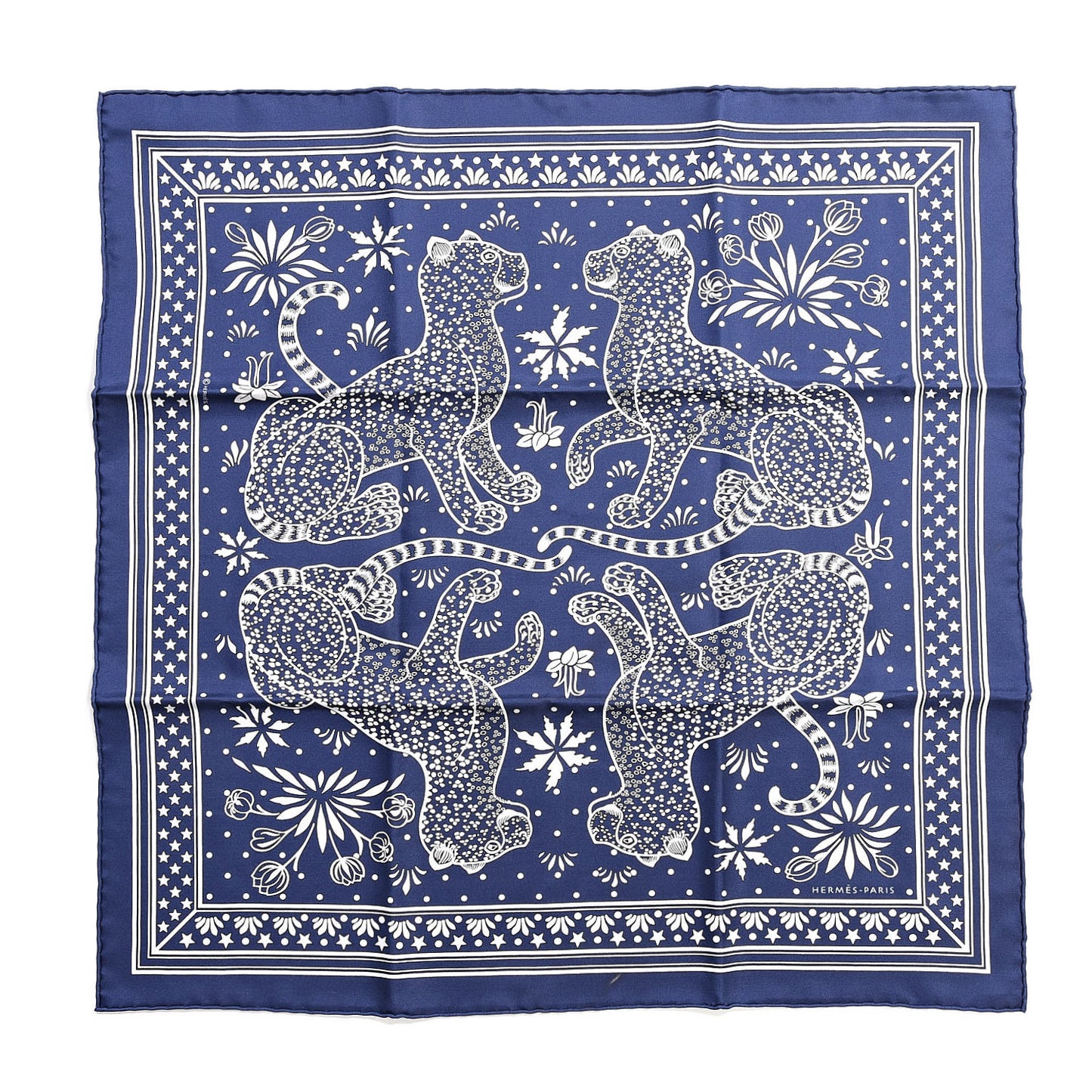 Silk Les Leopards Bandana Scarf 55 Marine White