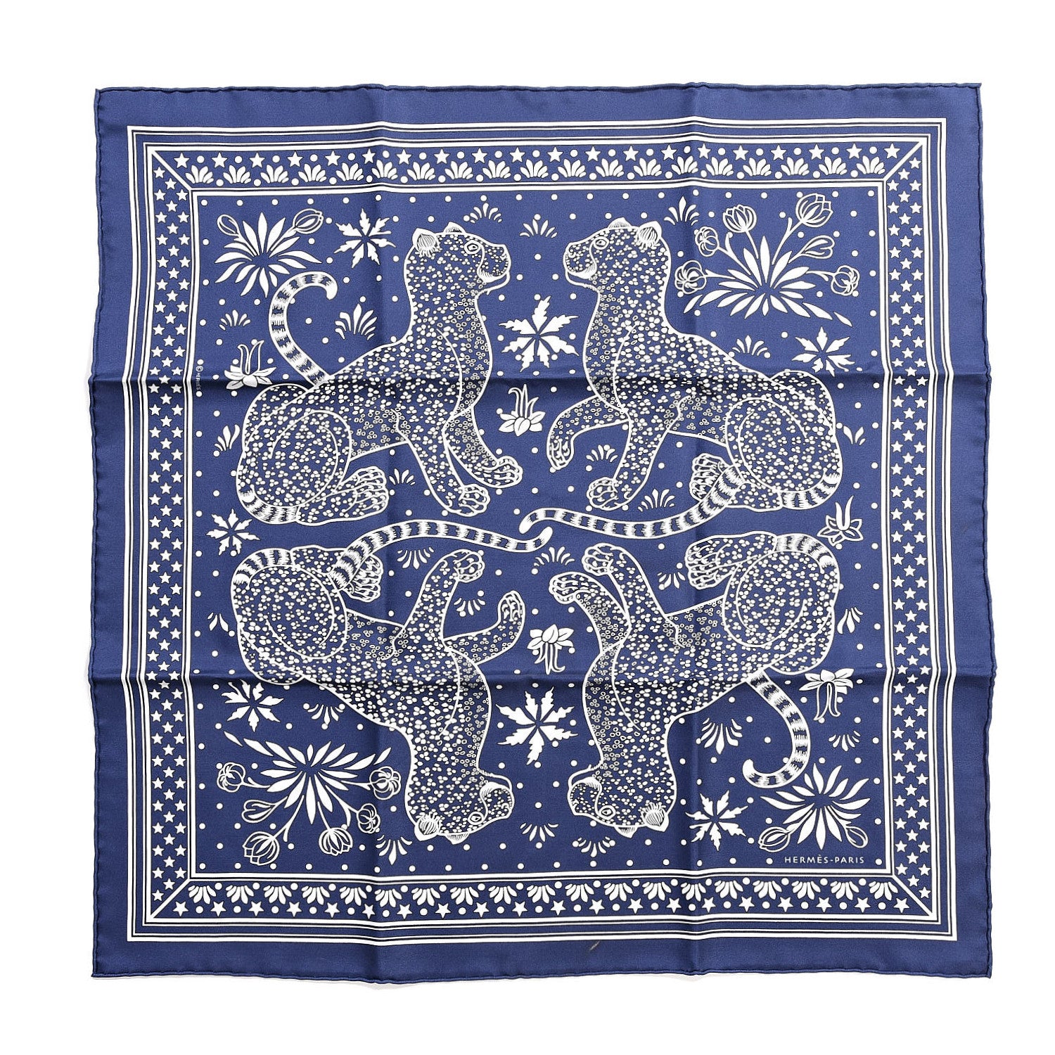 Hermes Silk Les Leopards Bandana Scarf 55 Marine White 1 of 5