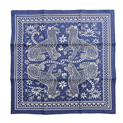 Hermes Silk Les Leopards Bandana Scarf 55 Marine White 1 of 5