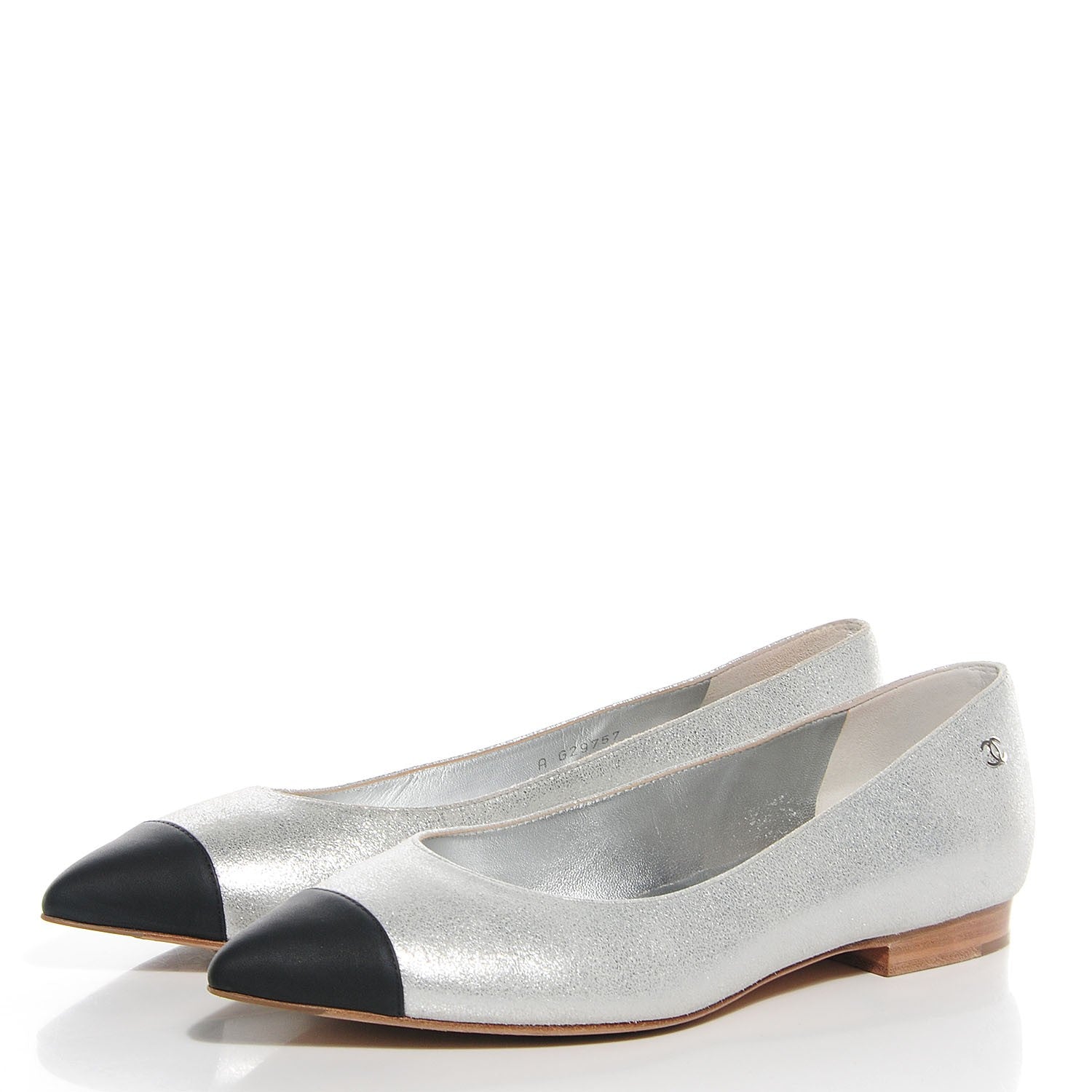 Chanel Metallic Lambskin Pointed Toe Ballerina Flats 39 Silver Black 3 of 6