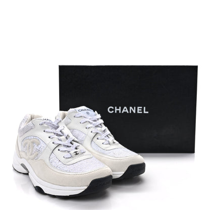 Chanel Painted Iridescent Cotton Tweed Suede Calfskin Womens CC Sneakers 39 White Silver Multicolor 9 of 9