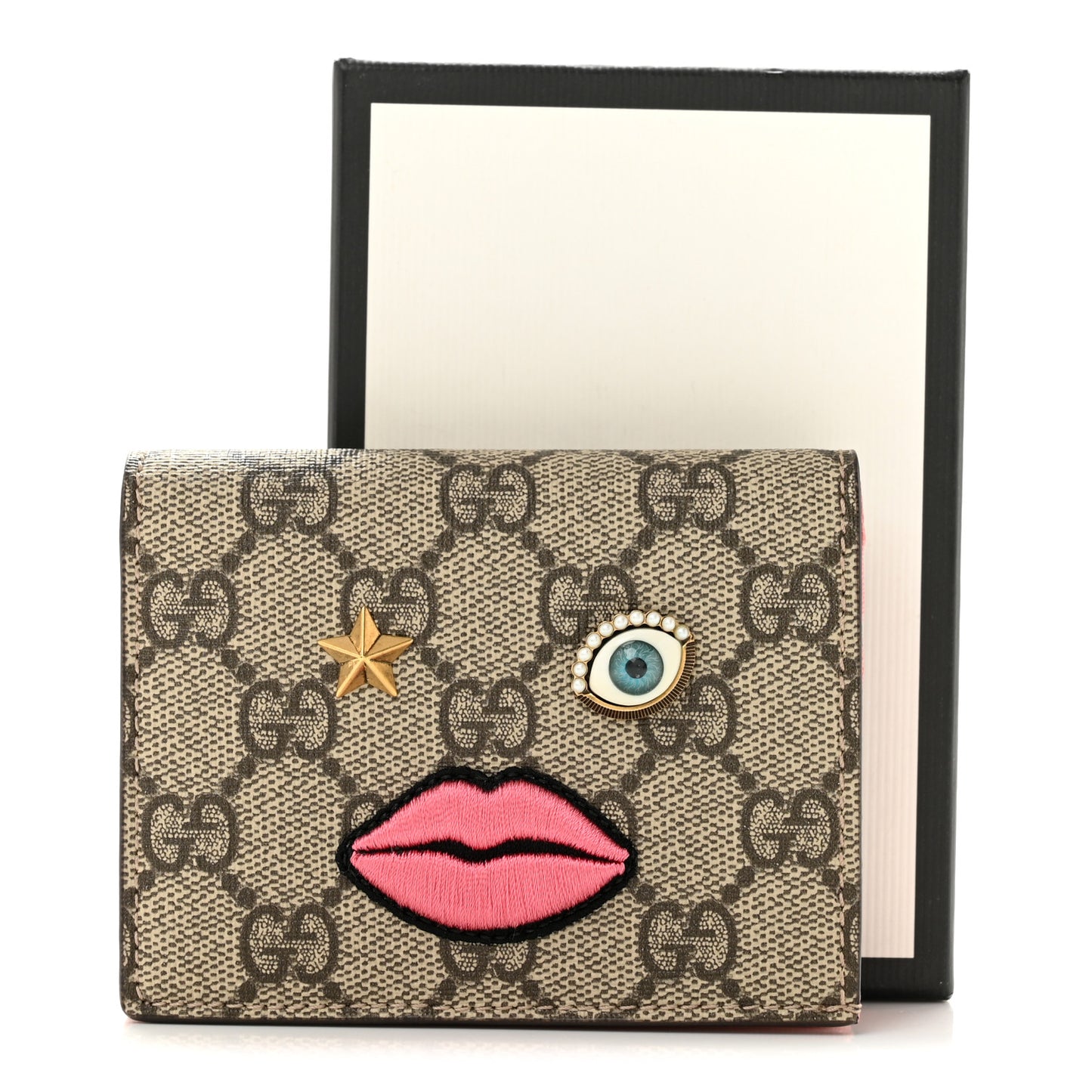 GG Supreme Monogram Face Embroidered Card Case Wallet Pink
