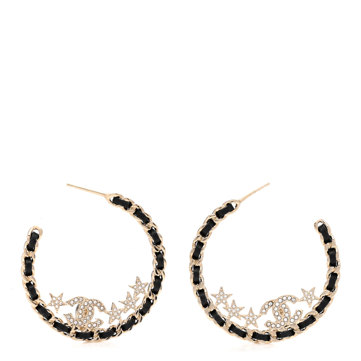 Chanel Lambskin Chain Crystal CC Star Chain Hoop Earrings Gold Black 1 of 5