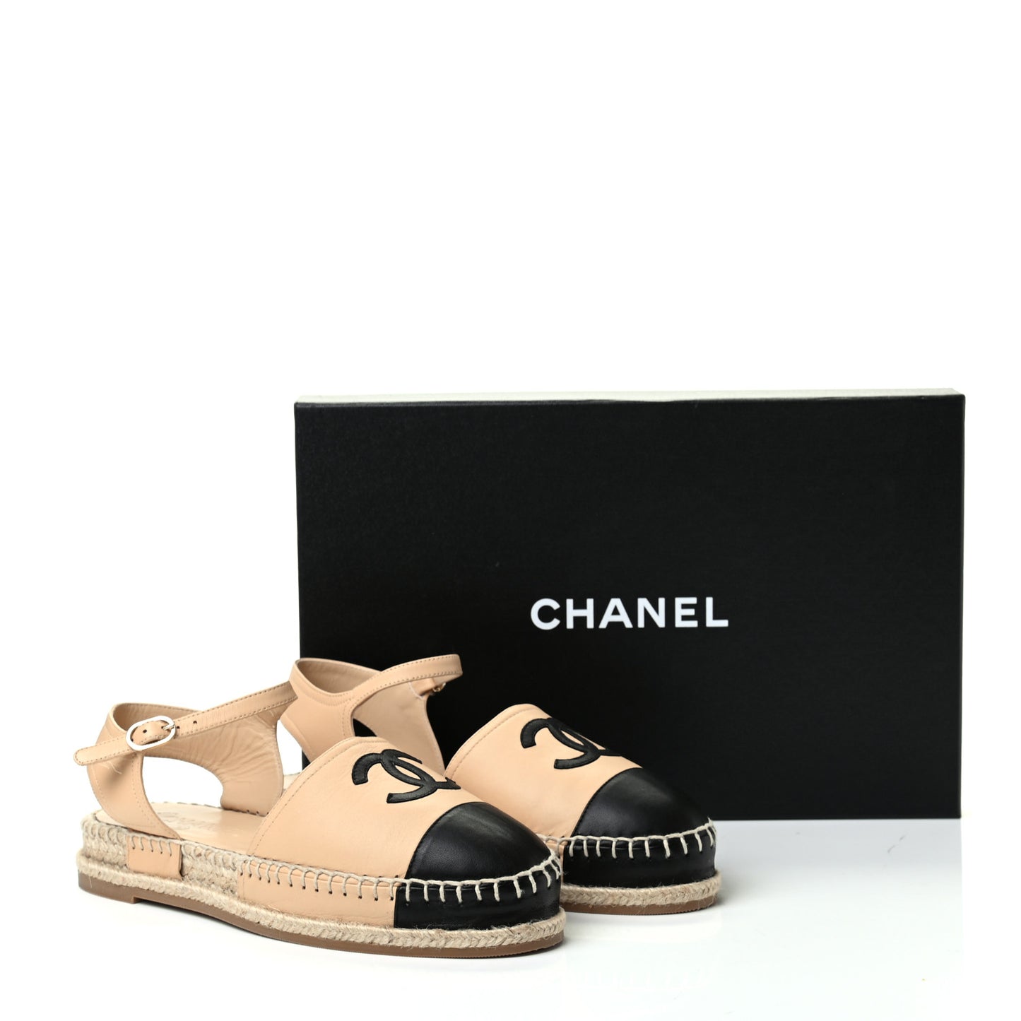 Lambskin Cap Toe CC Espadrille Sandals 37 Beige Black