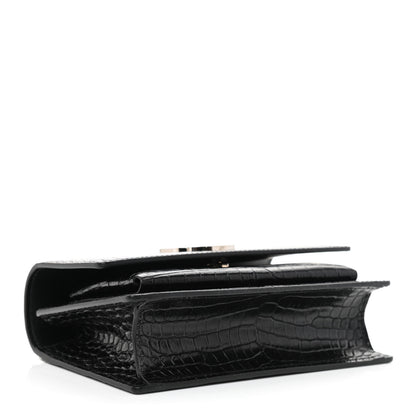 Saint Laurent Calfskin Crocodile Embossed Monogram Sunset Chain Wallet Black 4 of 10
