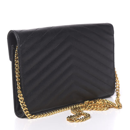 Saint Laurent Grain De Poudre Matelasse Chevron Monogram Chain Wallet Black 3 of 14
