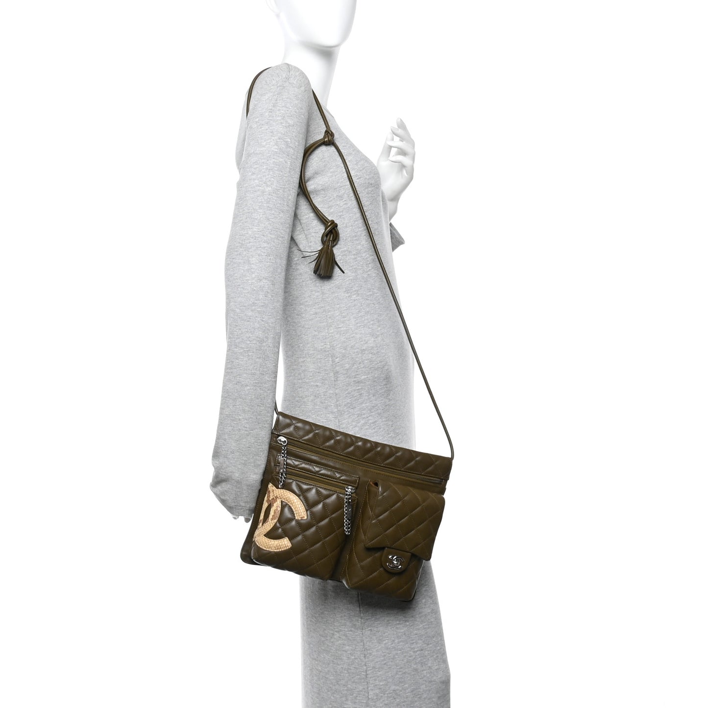 Calfskin Snakeskin Quilted Cambon Multipocket Shoulder Bag Khaki