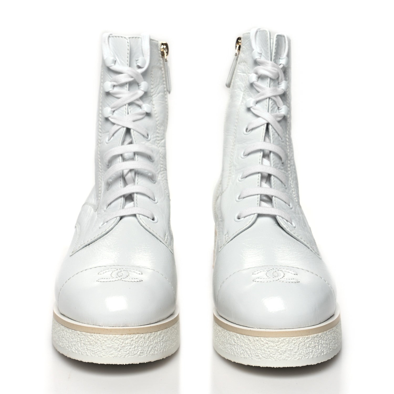 Chanel Shiny Crumpled Lambskin Lace Up Combat Boots 41 White 2 of 8